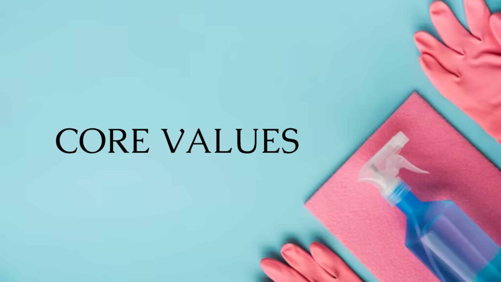 A blue canvas depicting cleanliness-related objects, such as pink gloves, a pink cloth, and a cleaning spray, with the caption "core values."
