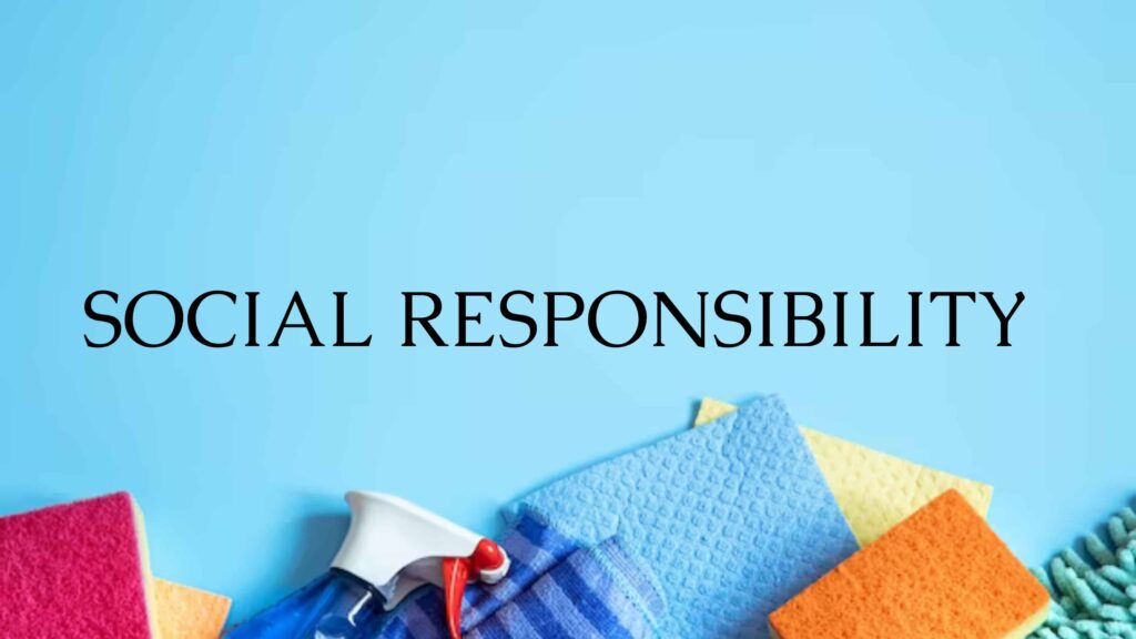A blue canvas depicting cleanliness-related objects, such as colorful gloves, an orange cloth, and a gray sponge, with the caption "social responsibility"