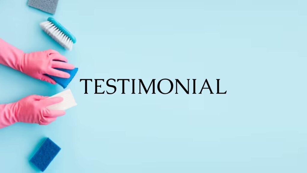 A blue canvas depicting two hands with pink gloves holding two cleaning sponges in a cleaning motion, with the caption "Testimonials."